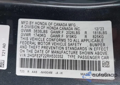 2024 Honda Civic Lx from USA, damaged, VIN 2HGFE2F22RH530352